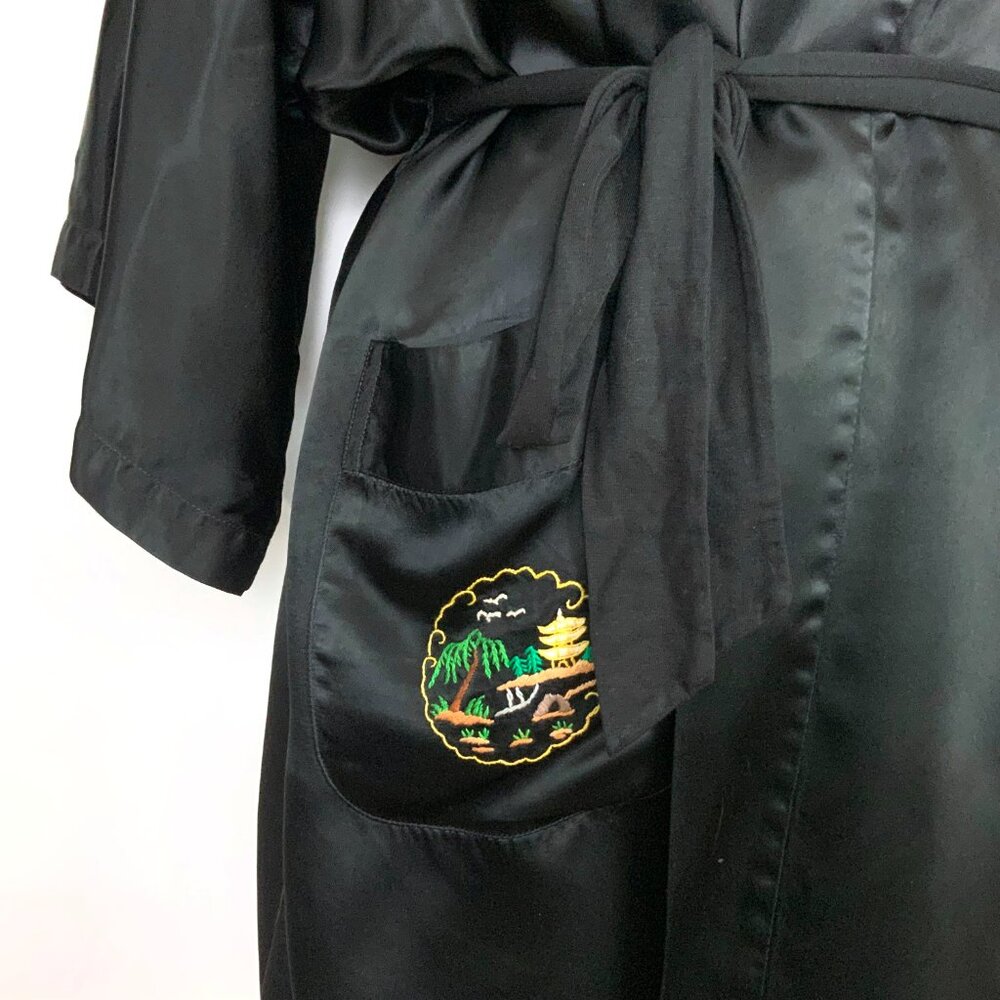 Vintage Longevity Black Satin Rayon Hand Embroidered Kimono Robe Sz M - Picture 9 of 16